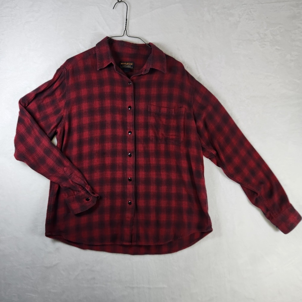 Woolrich Womens Flannel Shirt Red Black Plaid Long Sleeve Button Up L